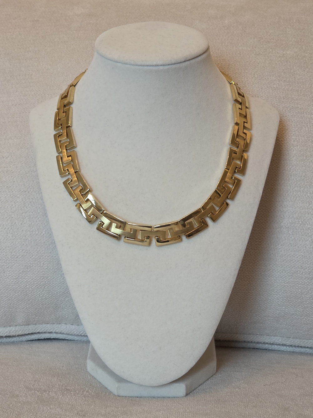 Gold Tone Greek Key Geometric Link Statement Necklace 18"